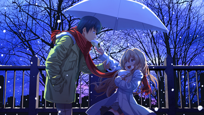 Aisaka Taiga and Ryuuji Takasu from Toradora under an umbrella in snow