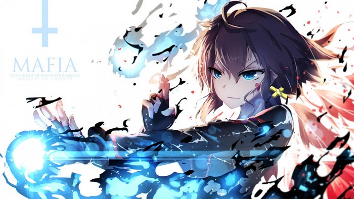 Anime girl with blue energy and cross symbol
