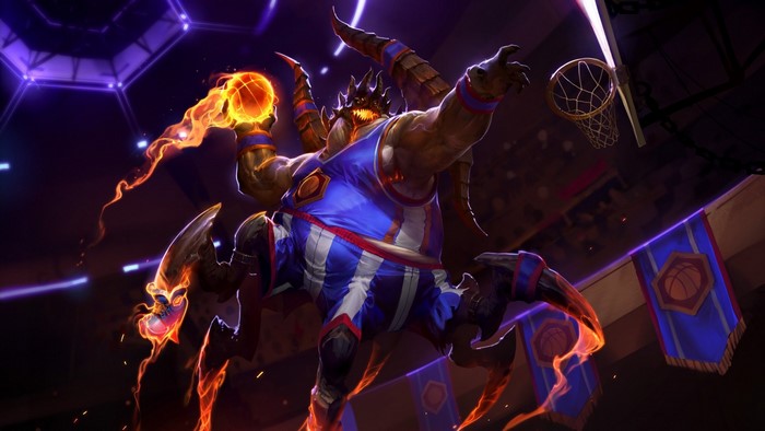Azmodan from Heroes of the Storm playing basketball