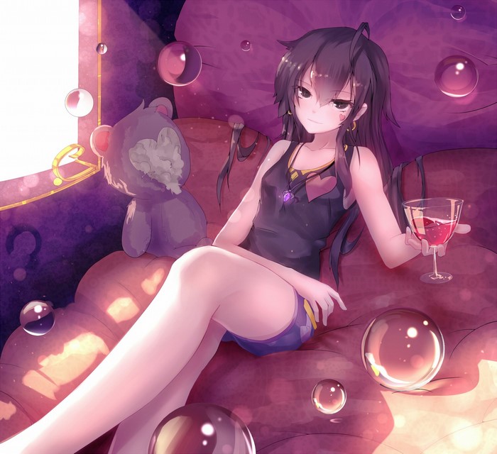 Anime girl with black hair holding a drink