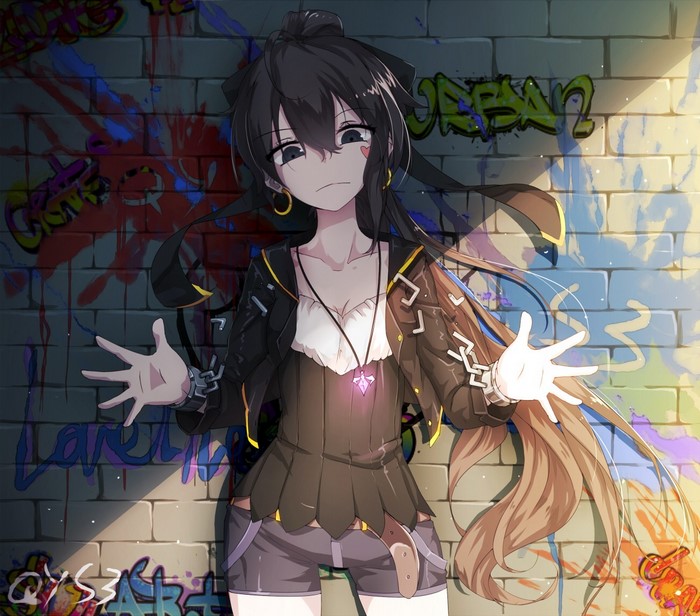 Anime girl with black hair and graffiti wall