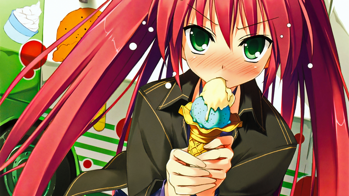 Anime girl with pink hair eating ice cream