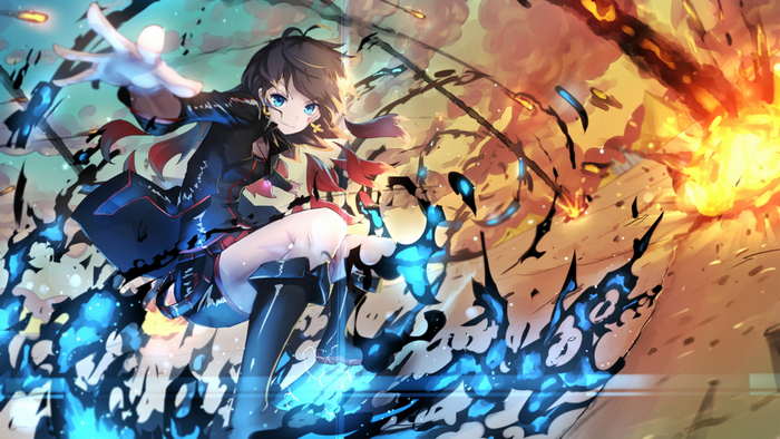 Anime girl with blue energy and explosions
