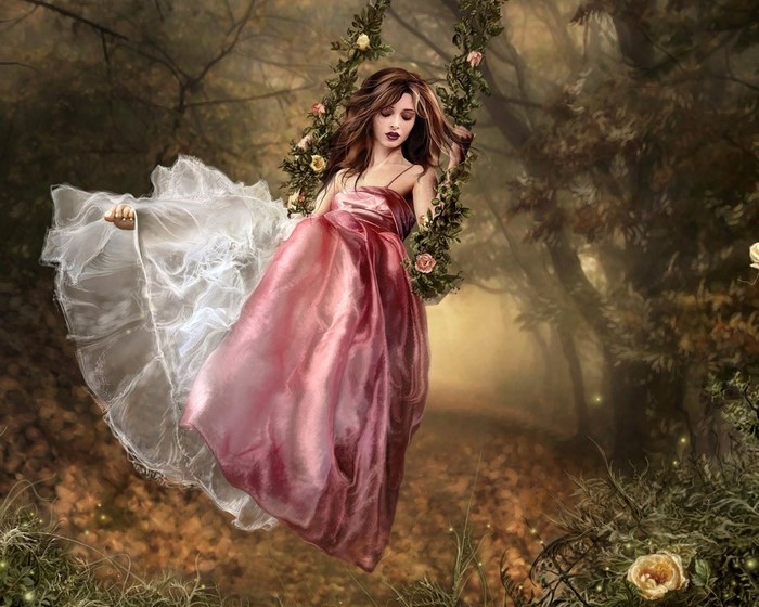 Woman in a pink and white dress on a swing