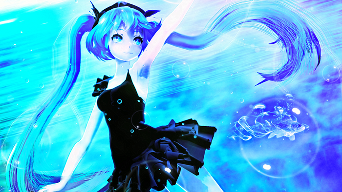 Hatsune Miku in a black dress underwater