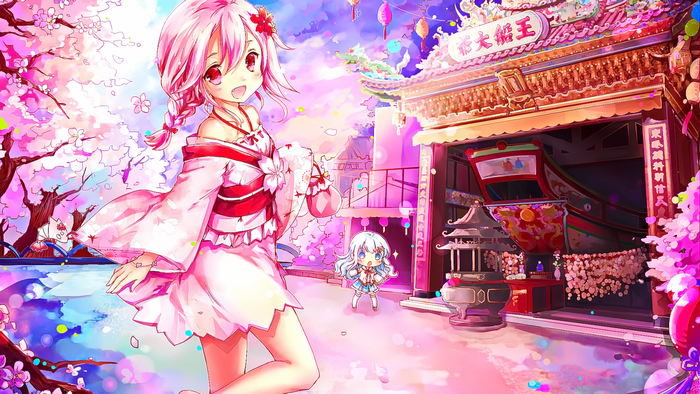 Anime girl in kimono with cherry blossoms and temple