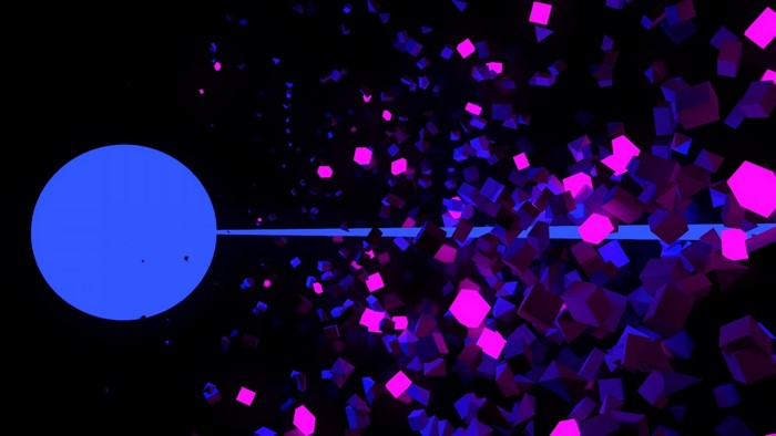 Blue circle and glowing cubes in darkness