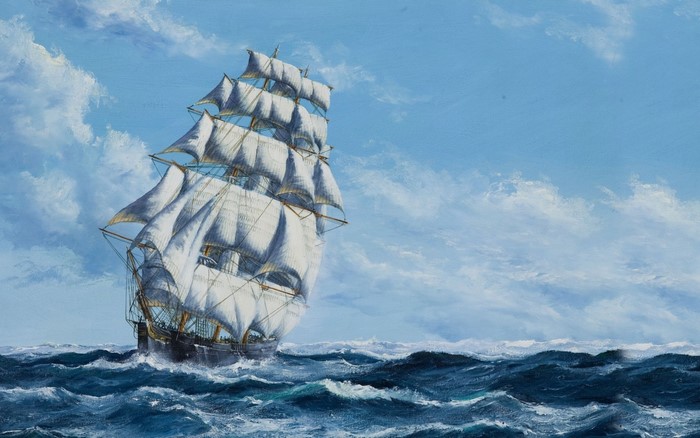 painting, ship, boat, sailing ship, sea, water, sky, vehicle, clouds ...