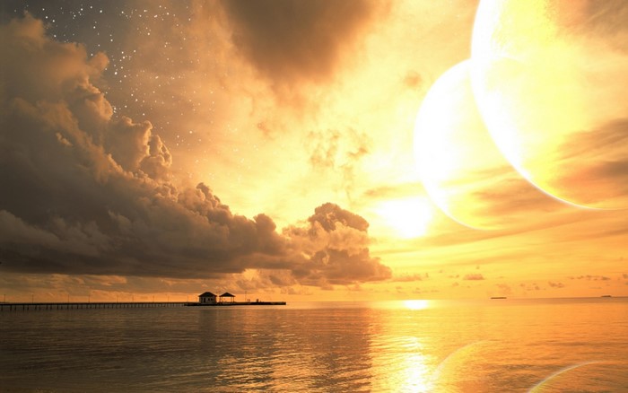 Fantasy sunset over the ocean with planets and a pier