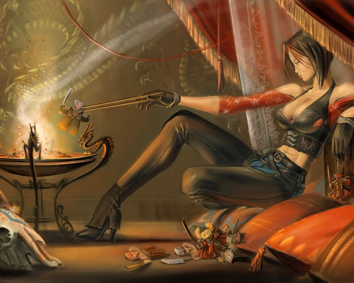 Woman with hammer and dragon in ornate room