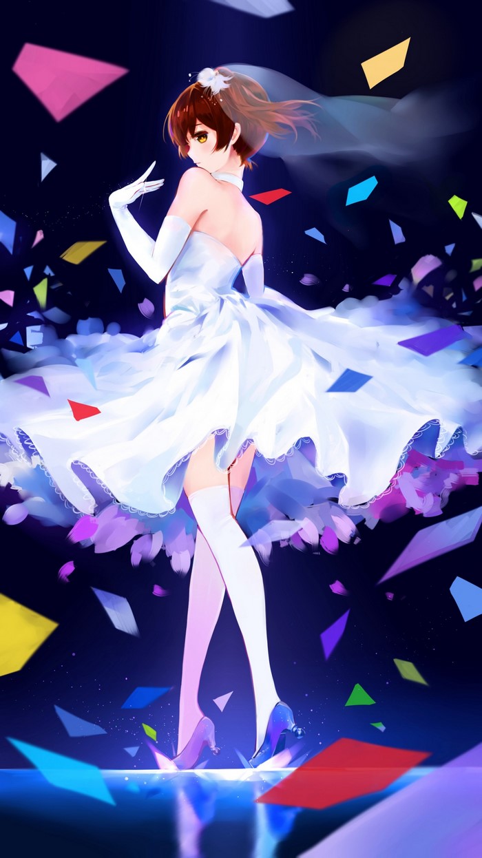 Anime girl in wedding dress with confetti