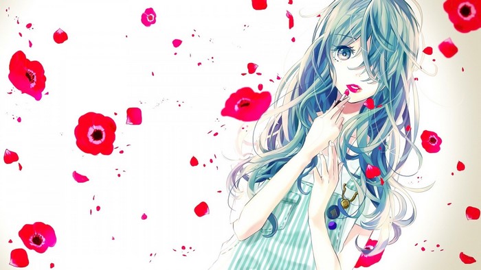 Anime girl with aqua hair applying lipstick surrounded by poppies