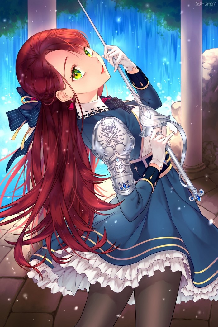 Anime girl with long red hair holding a sword