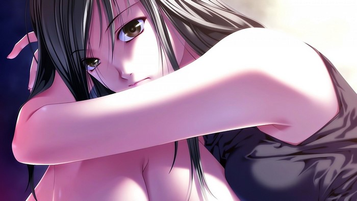 Anime girl with black hair looking sad