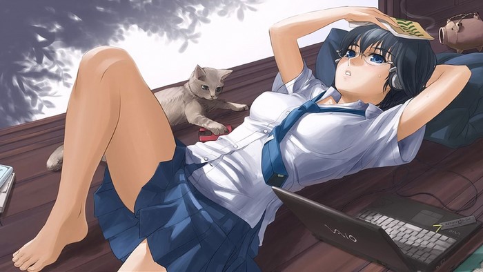Anime girl with headphones and cat on a wooden surface