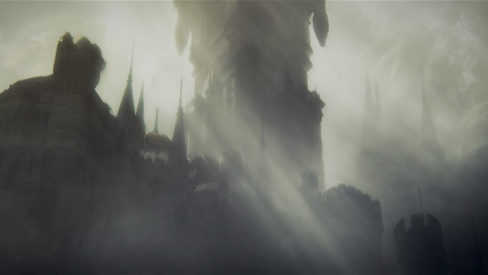 Dark Souls III castle shrouded in mist with sunbeams
