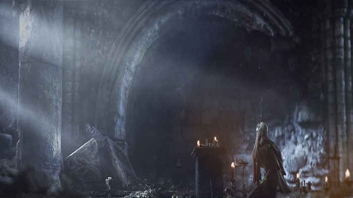 Dark Souls III character kneeling in a ruined gothic cathedral