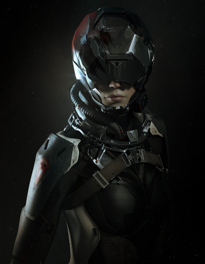 Woman in futuristic armor and helmet