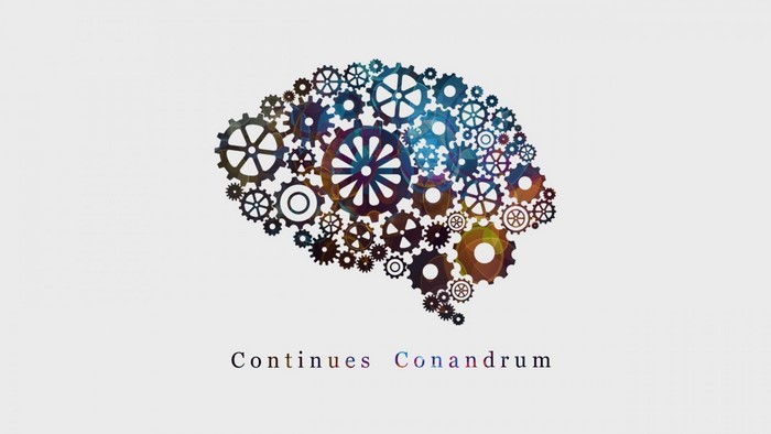 Brain made of gears with text "Continues Conandrum"