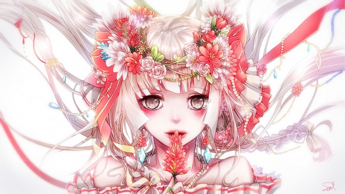 Sakura Miku from Vocaloid with flower crown and costume
