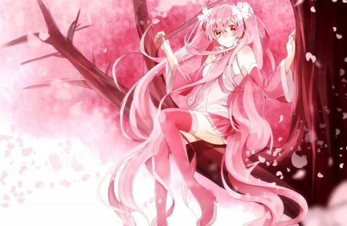 illustration, anime, Vocaloid, Hatsune Miku, twintails, pink, Sakura ...