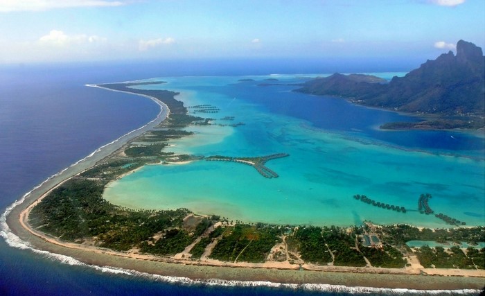 Aerial view of Bora Bora, French Polynesia lagoon and islands