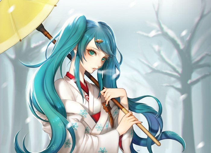 Hatsune Miku from Vocaloid with umbrella in winter