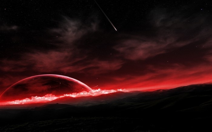 Red planet and comet in a dark starry sky