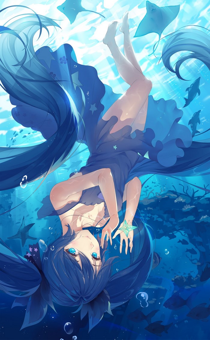 Hatsune Miku Underwater with Sea Creatures