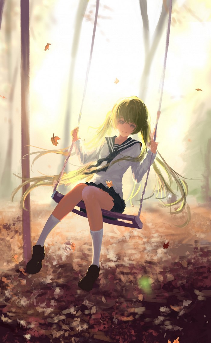 Anime girl with twintails on a swing in autumn