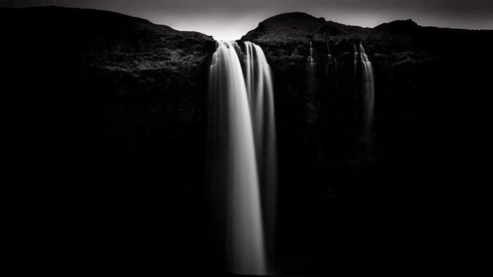 Monochrome long exposure of Seljalandsfoss waterfall in Iceland