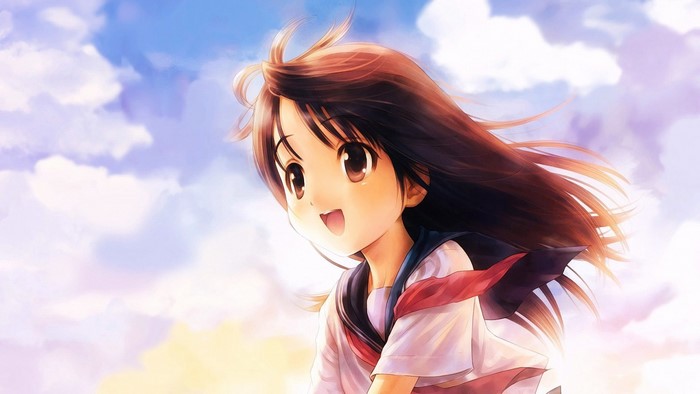 Anime girl with long brown hair in the sky