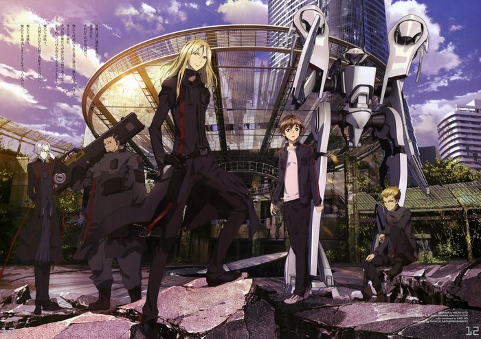 Guilty Crown characters and mecha in a ruined city