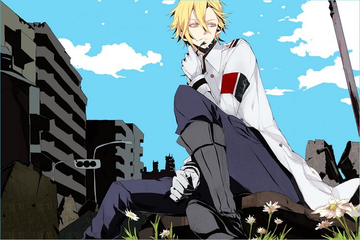 Anime character in uniform sitting in ruins