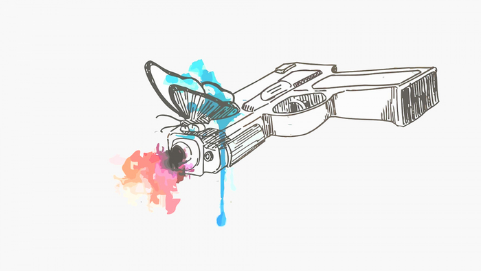 Butterfly on a gun with colorful ink splatters