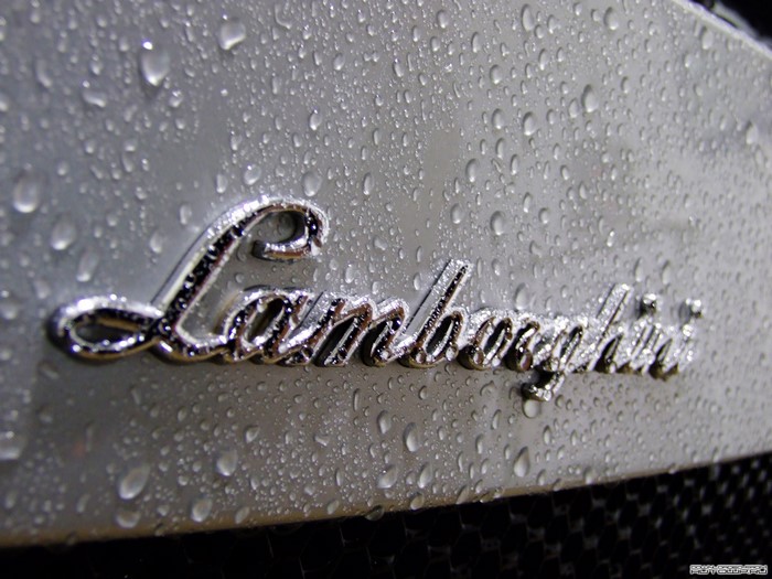 Lamborghini logo on a car with water droplets
