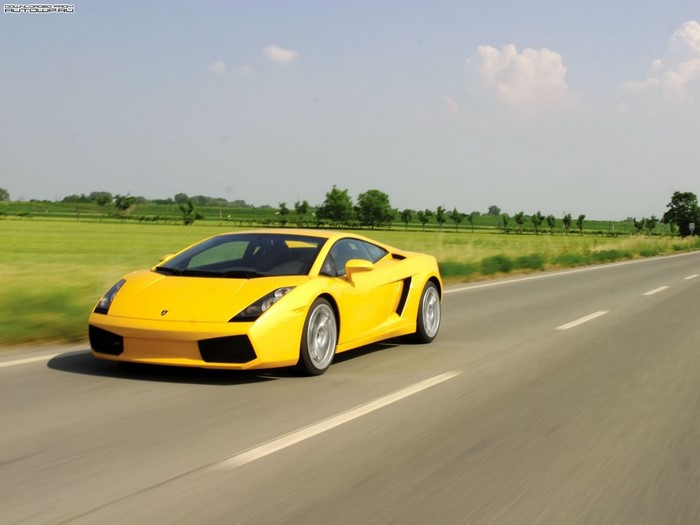 Yellow Lamborghini Gallardo driving on a road