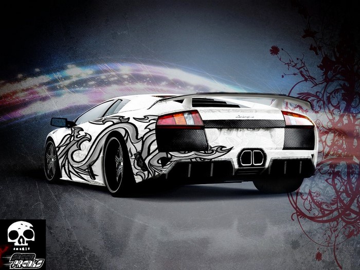 White Lamborghini with tribal graphics