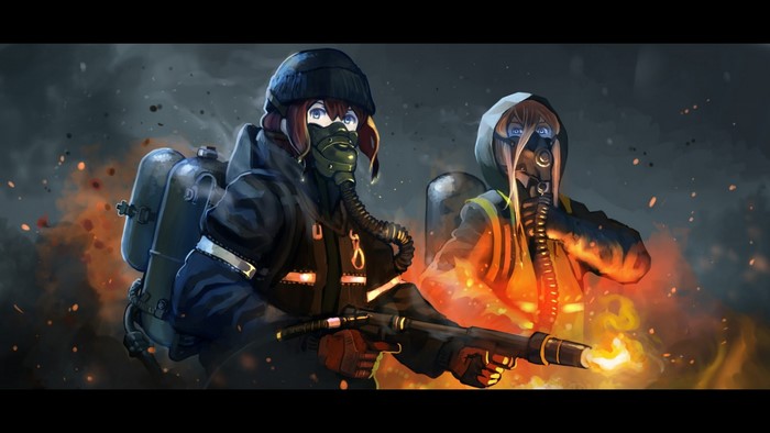 Anime girls with gas masks and flamethrowers