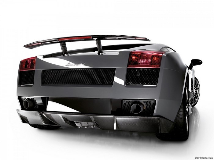 Rear view of a grey Lamborghini Gallardo with a large spoiler