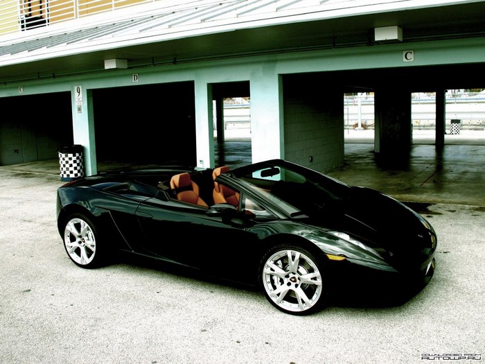 Black Lamborghini Gallardo convertible parked at a race track