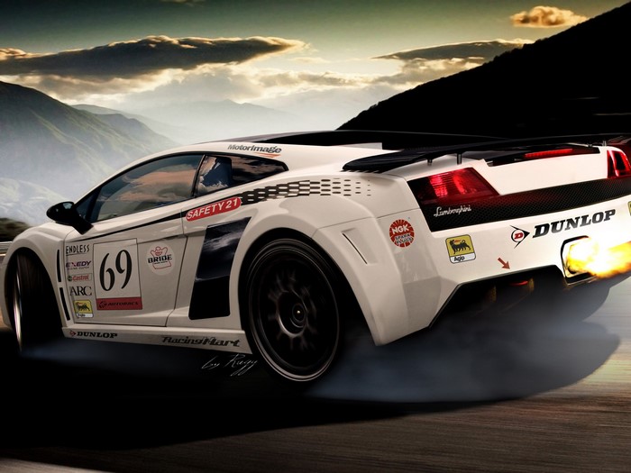 White Lamborghini Gallardo with racing decals and flames