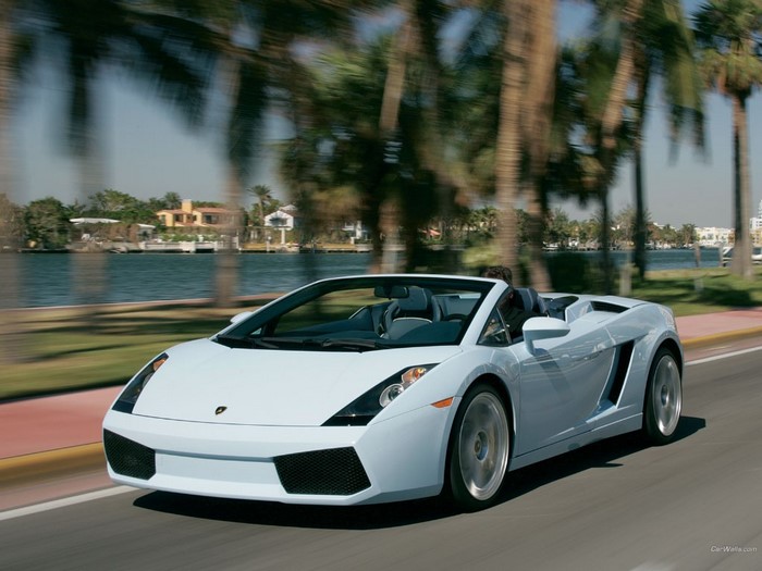 White Lamborghini Gallardo Spyder driving on a sunny day
