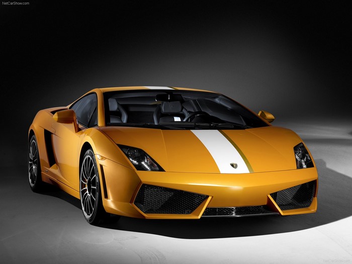Yellow Lamborghini Gallardo with white stripe