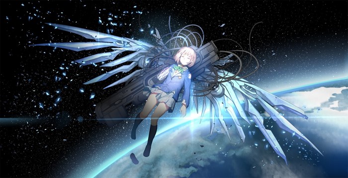 Girl with mechanical wings in space near Earth