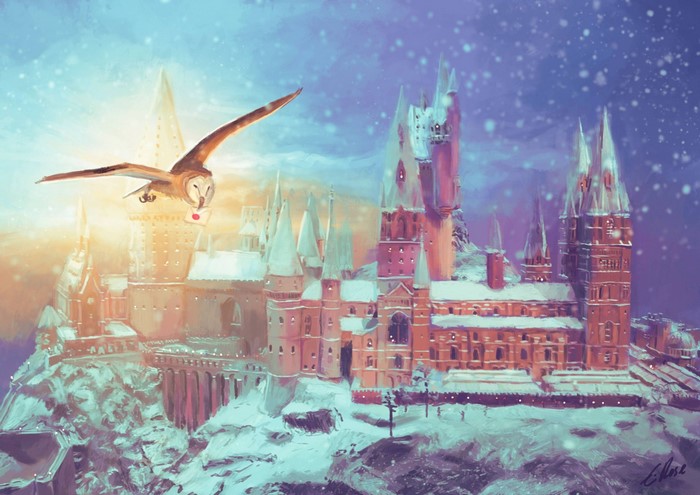 Barn owl delivering mail to Hogwarts in winter