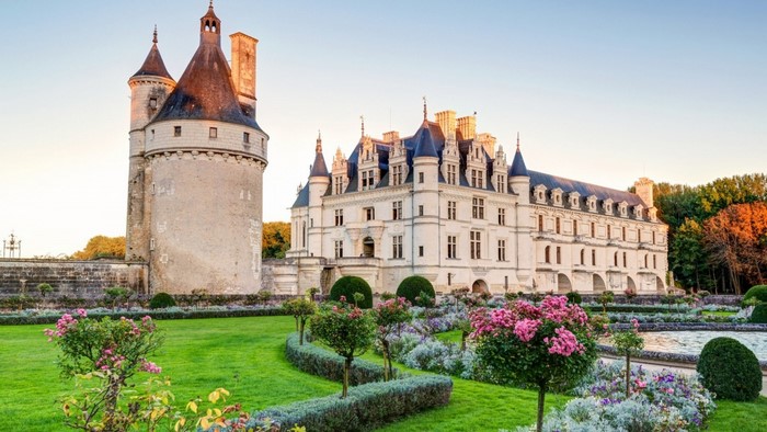Chateau de Chenonceau castle with gardens and tower