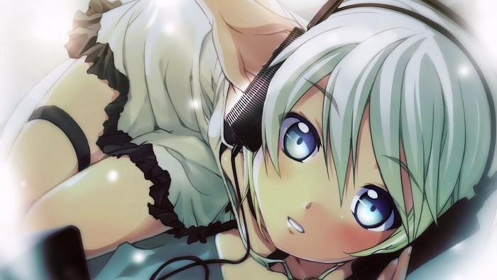 Anime girl with white hair and blue eyes wearing headphones