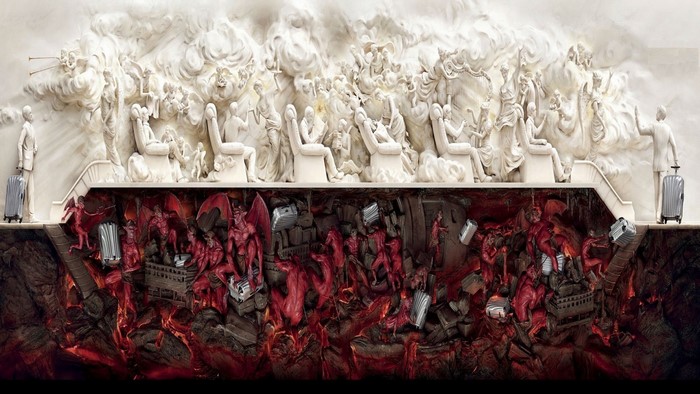 Sculpture depicting Heaven and Hell with figures and luggage