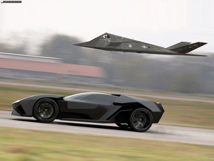 Black Lamborghini car and F-117 Nighthawk stealth fighter jet